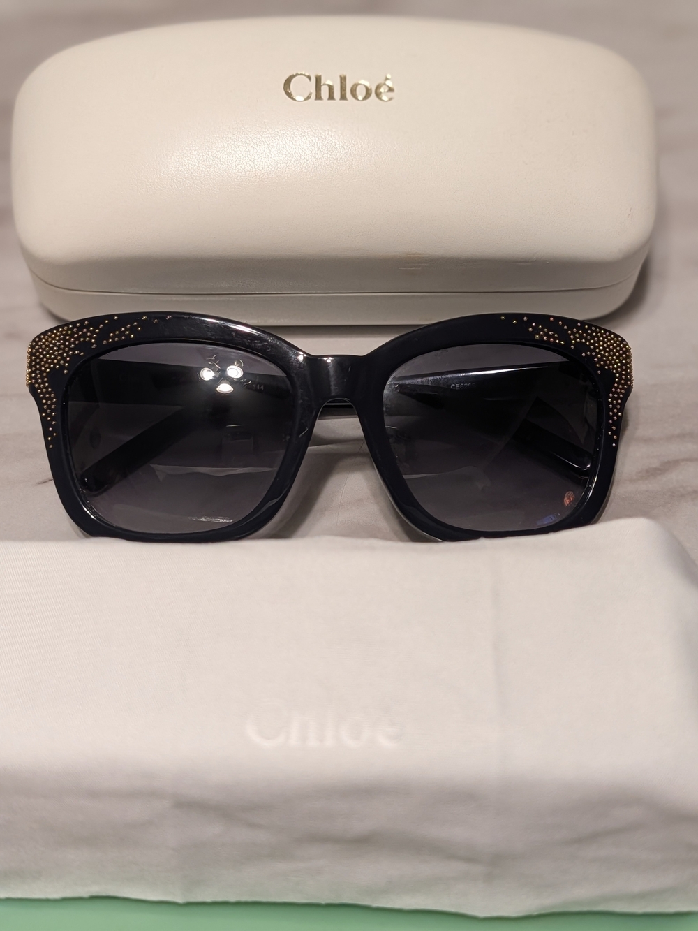 Chloé Black Square Sunglasses with Gold Stud Detailing